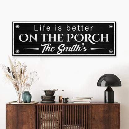 Family Name Porch Sign canvas wall art in black with white typography featuring The Smith's on Tampa Home & Garden Store