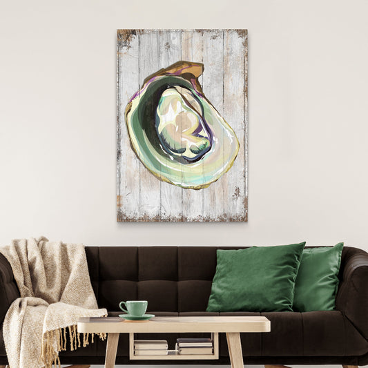 Oyster Shell Coastal Portrait Canvas Wall Art with pastel oyster on weathered wood on Tampa Home & Garden Store