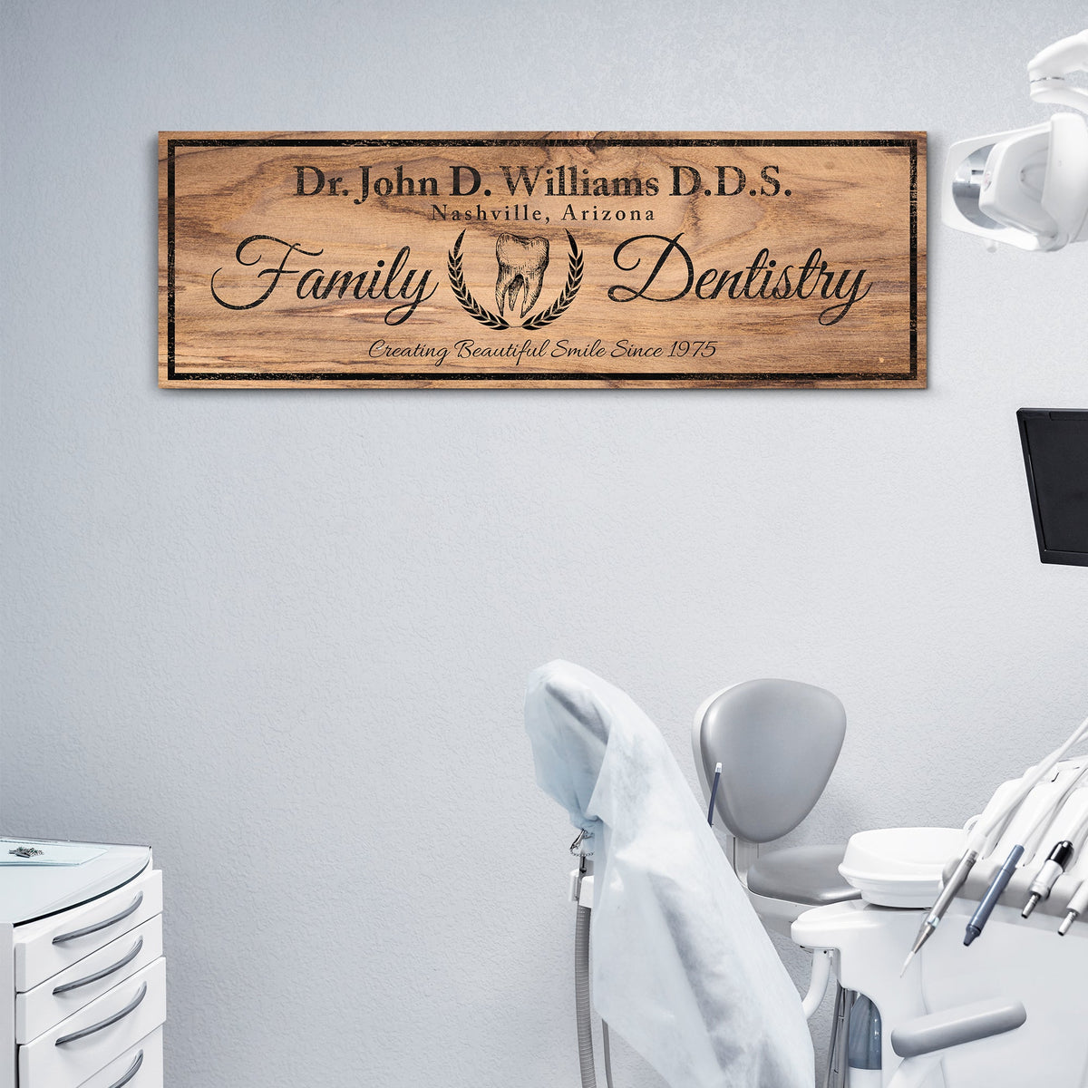 Dentist Sign VIII canvas plaque with vintage font and tooth emblem, dentist office decor on Tampa Home & Garden Store