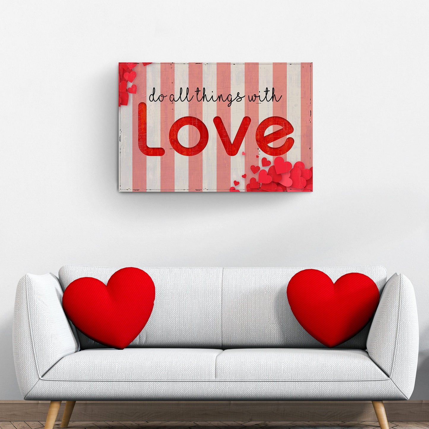 Valentines Day Sign V canvas with pink stripes and bold red LOVE hearts on Tampa Home & Garden Store