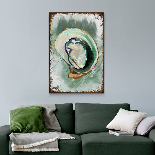 Oyster Shell Abstract Portrait Canvas with rust border in pastel greens by Tailored Canvases on Tampa Home & Garden Store