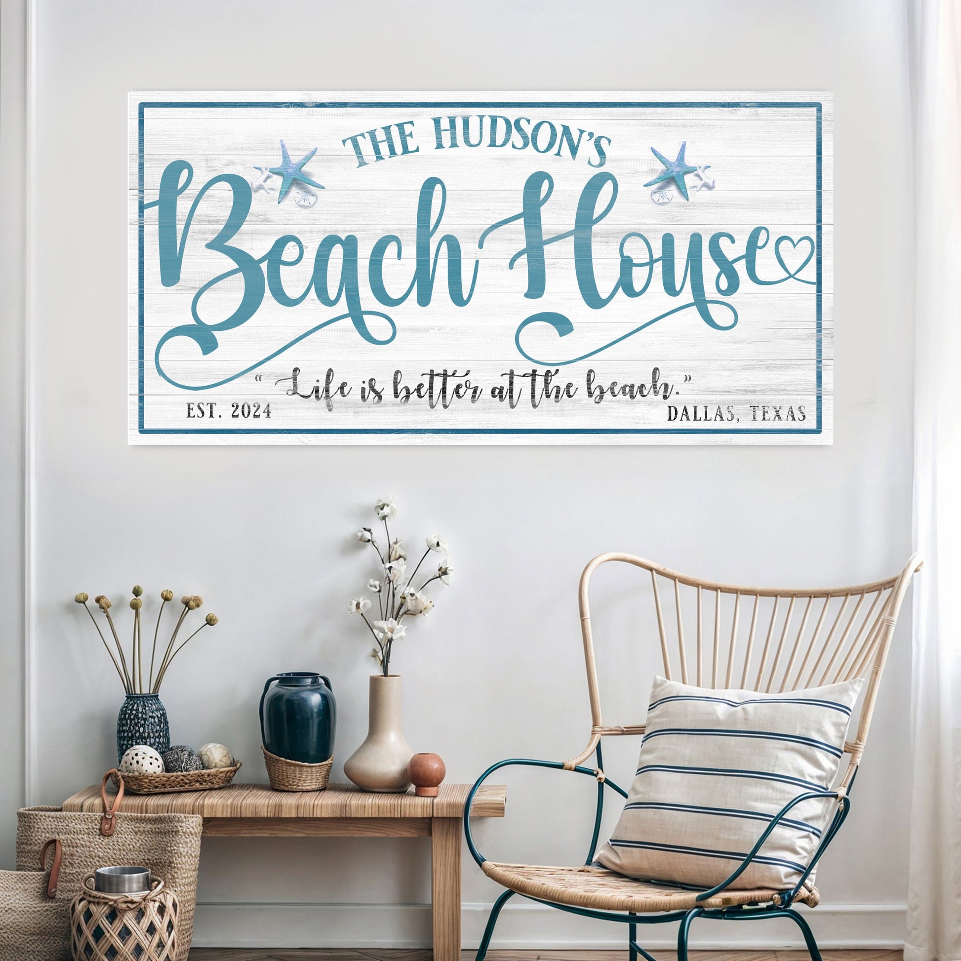 Beach House Sign II canvas with blue script on whitewashed wood Tailored Canvases on Tampa Home & Garden Store