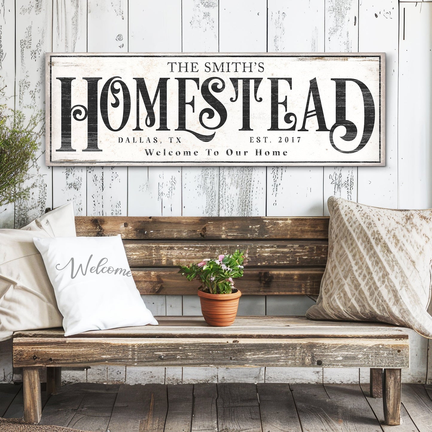 Vintage Homestead Sign III canvas wall art by Tailored Canvases with HOMESTEAD lettering on weathered white backdrop on Tampa Home & Garden Store