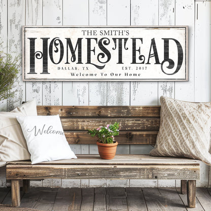 Vintage Homestead Sign III canvas wall art by Tailored Canvases with HOMESTEAD lettering on weathered white backdrop on Tampa Home & Garden Store