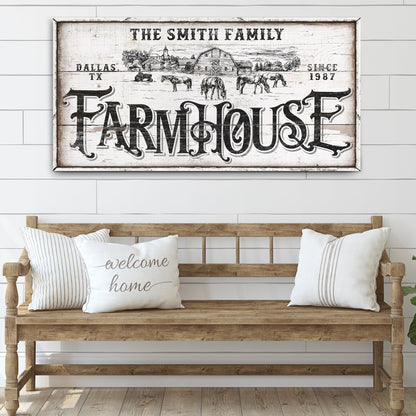Personalized Farmhouse Sign IV canvas wall art with rustic whitewash FARMHOUSE lettering on Tampa Home & Garden Store