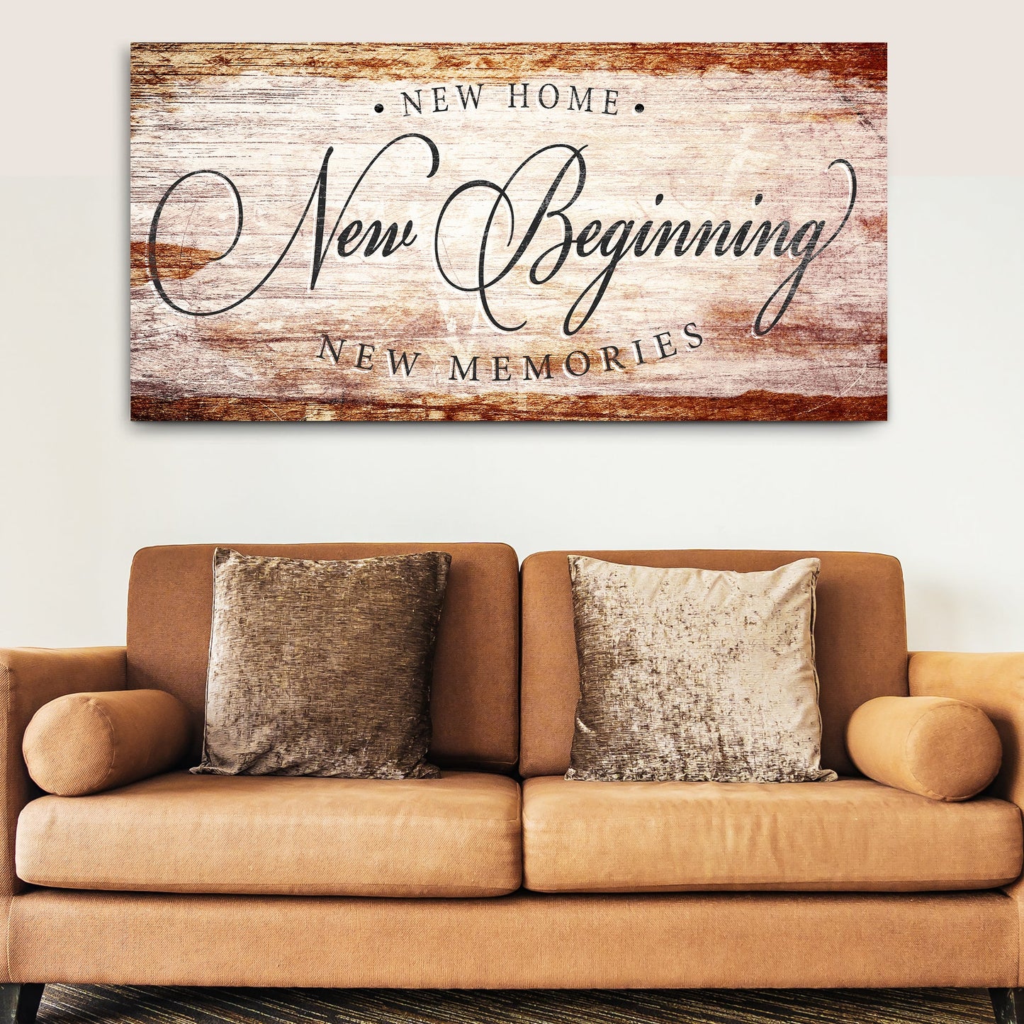 Canvas wall art Tailored Canvases with New Home New Beginning New Memories on rustic wood on Tampa Home & Garden Store