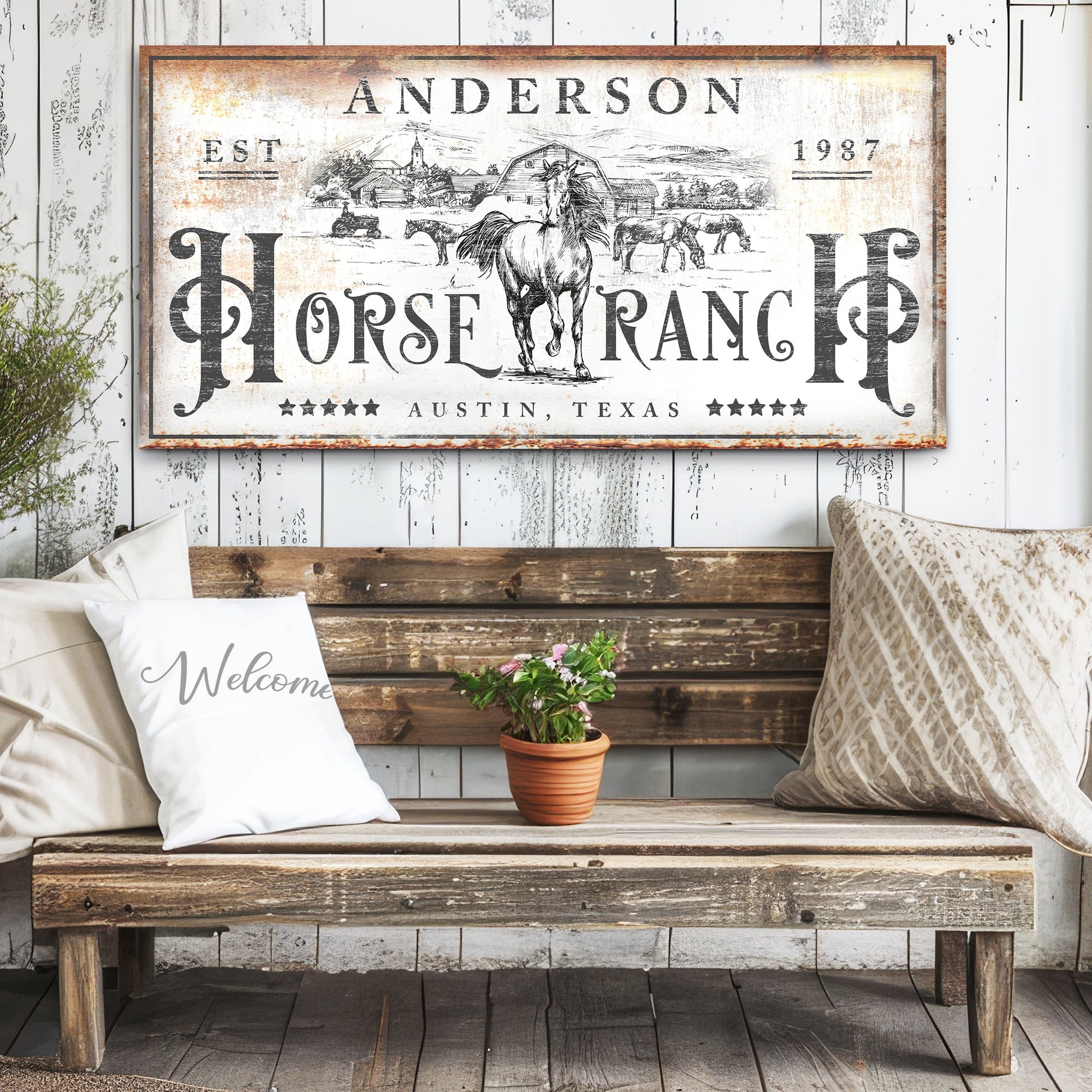 Canvas Family Horse Ranch Rustic Sign by Tailored Canvases with a vintage horse barn scene on Tampa Home & Garden Store