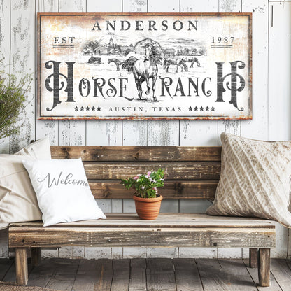 Canvas Family Horse Ranch Rustic Sign by Tailored Canvases with a vintage horse barn scene on Tampa Home & Garden Store