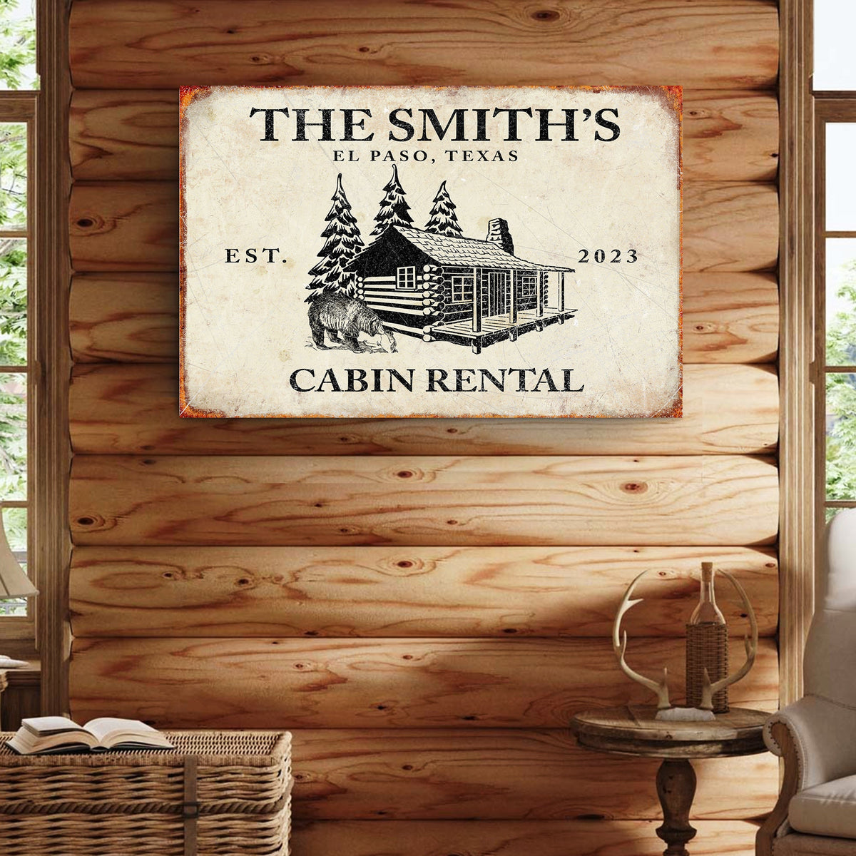 Bear Cabin Sign II canvas crafting print with rustic log cabin scene on Tampa Home & Garden Store