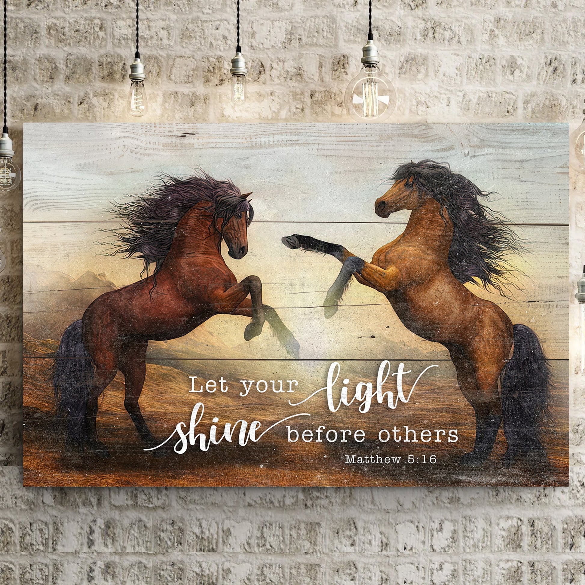 Canvas sign Let Your Light Shine Before Others Matthew 5:16 with rearing horses on rustic wood on Tampa Home & Garden Store
