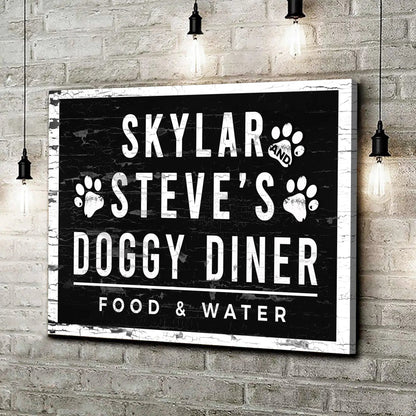 Canvas Doggy Diner sign with bold white lettering and paw prints on a distressed black panel on Tampa Home & Garden Store