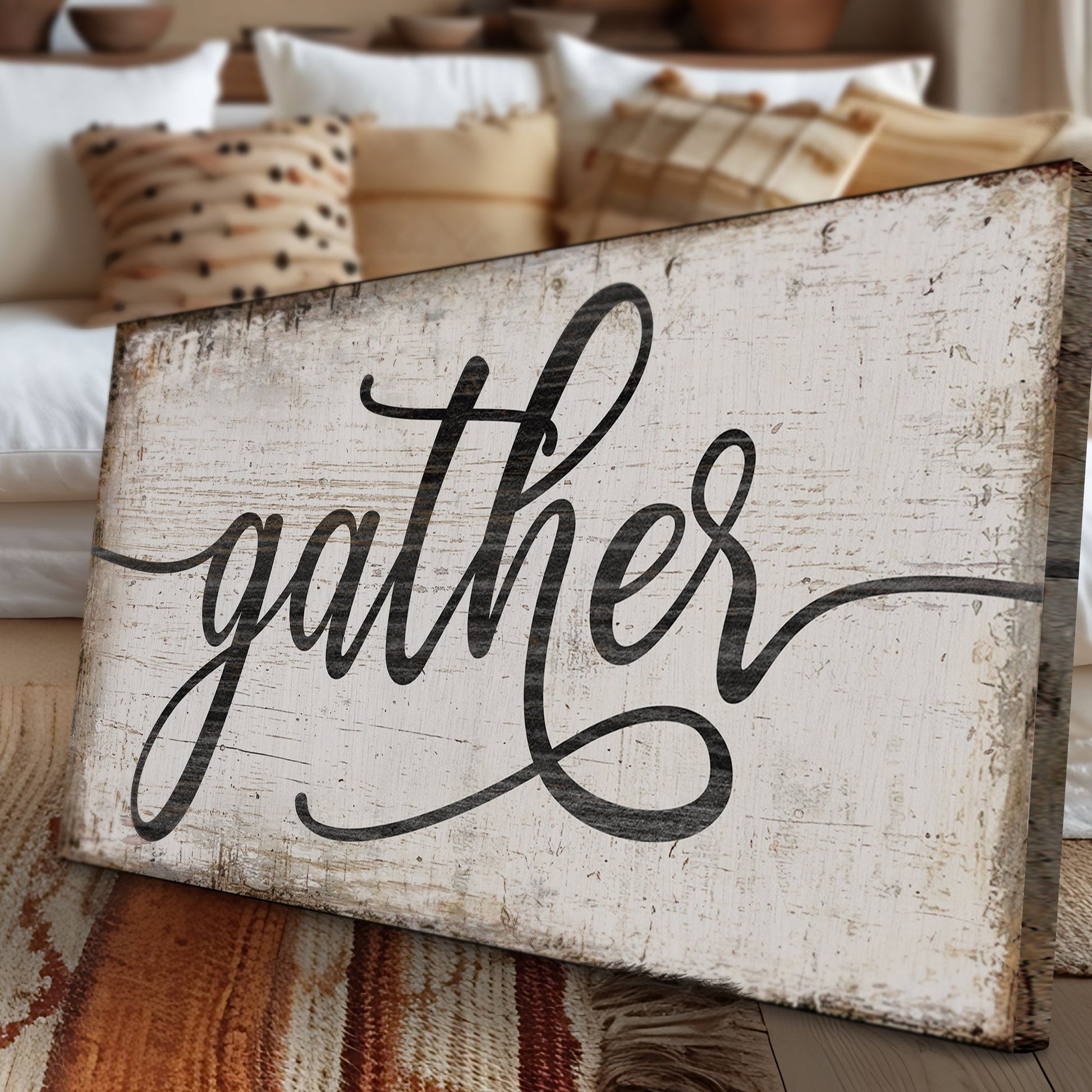 Gather Sign XI canvas decor by Tailored Canvases with distressed woodgrain and bold black script on Tampa Home & Garden Store