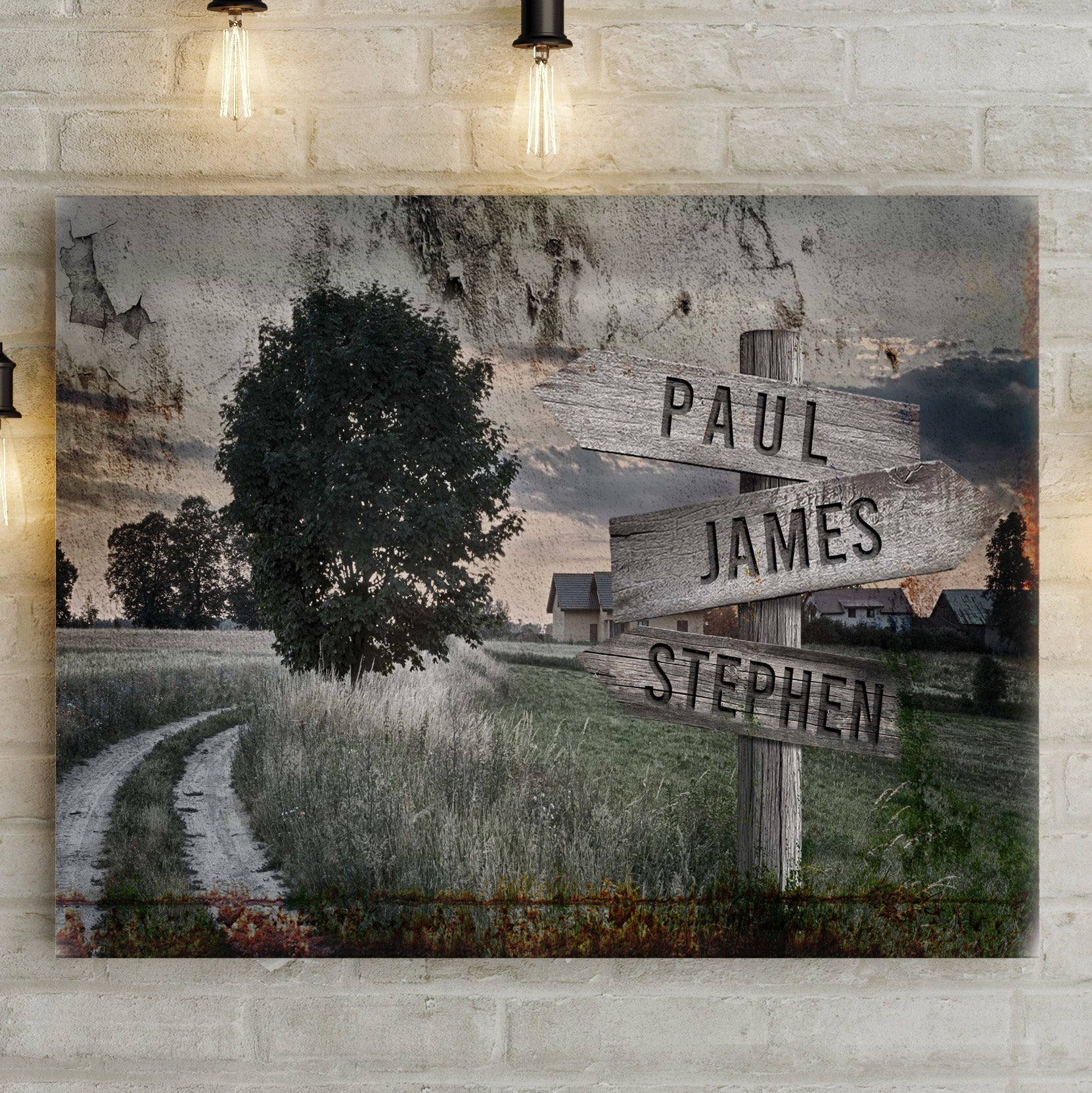 Farmhouse name sign canvas with rustic wood arrows Paul James Stephen Tailored Canvases on Tampa Home & Garden Store