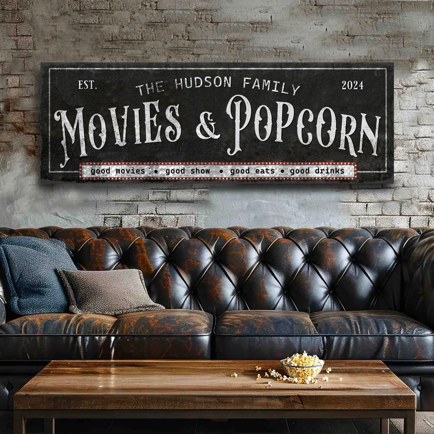 Personalized Movies & Popcorn Sign II canvas wall art in black with marquee accents on Tampa Home & Garden Store