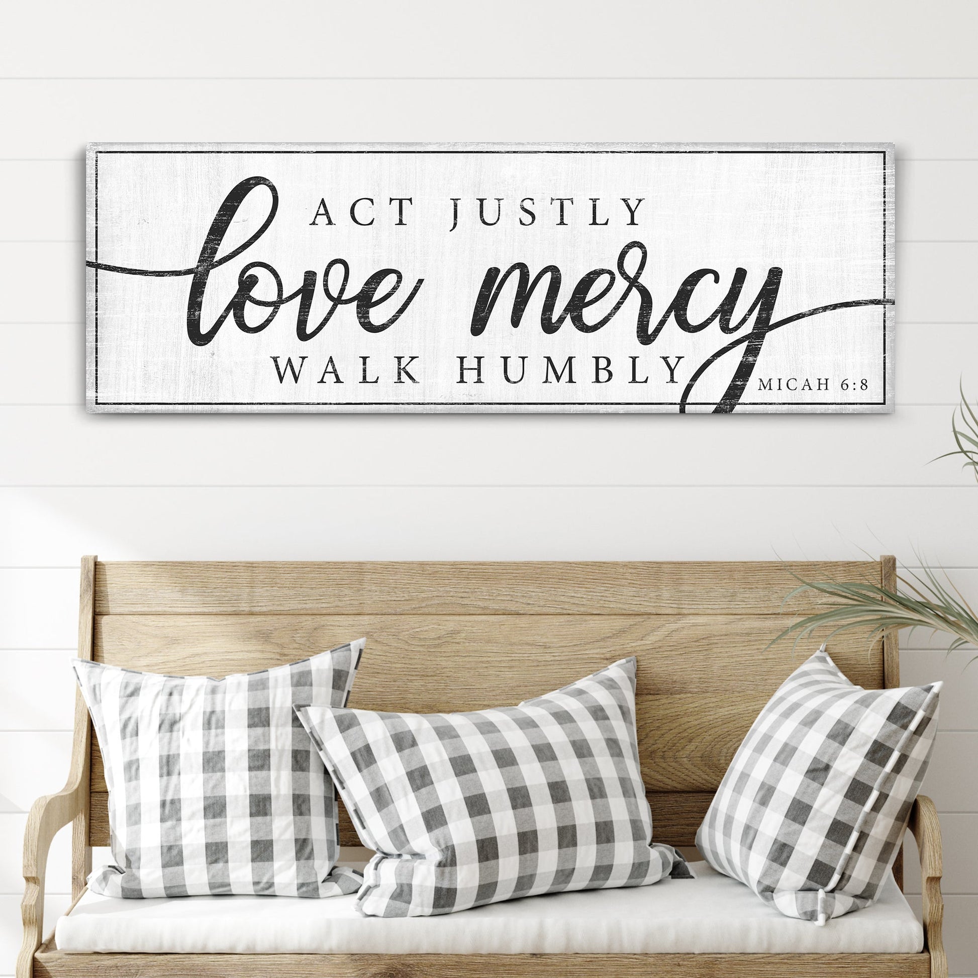 Act Justly Love Mercy Walk Humbly Faith Sign IV canvas decor with distressed white finish on Tampa Home & Garden Store