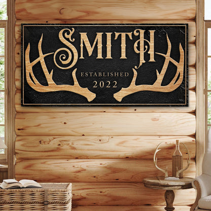 Personalized family antler sign canvas with gold antlers and SMITH on black background est 2022 on Tampa Home & Garden Store