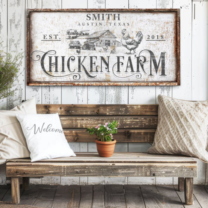 Canvas Rustic Vintage Farmhouse Sign IV with chicken barn print on distressed white frame on Tampa Home & Garden Store