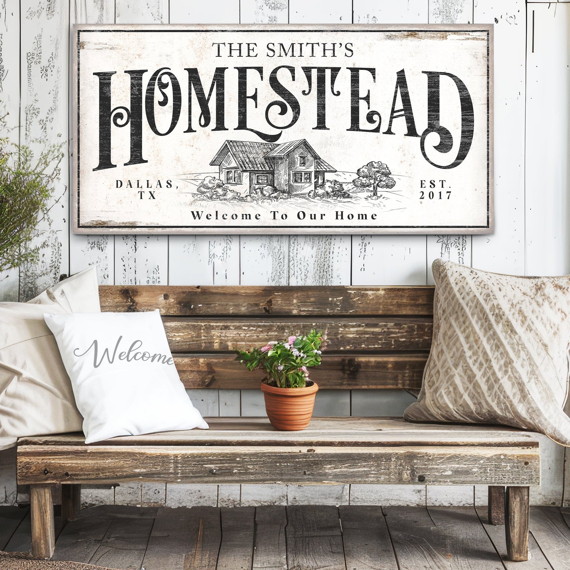 Vintage Homestead Sign II canvas by Tailored Canvases with distressed black farmhouse typography on Tampa Home & Garden Store