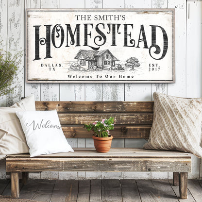 Vintage Homestead Sign II canvas by Tailored Canvases with distressed black farmhouse typography on Tampa Home & Garden Store