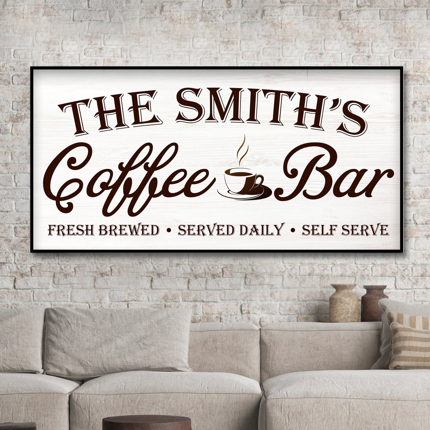 Coffee Bar Sign II canvas wall art with cream brown type and coffee cup motif framed on Tampa Home & Garden Store