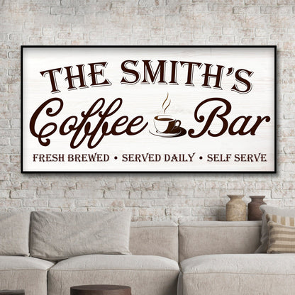 Coffee Bar Sign II canvas wall art with cream brown type and coffee cup motif framed on Tampa Home & Garden Store