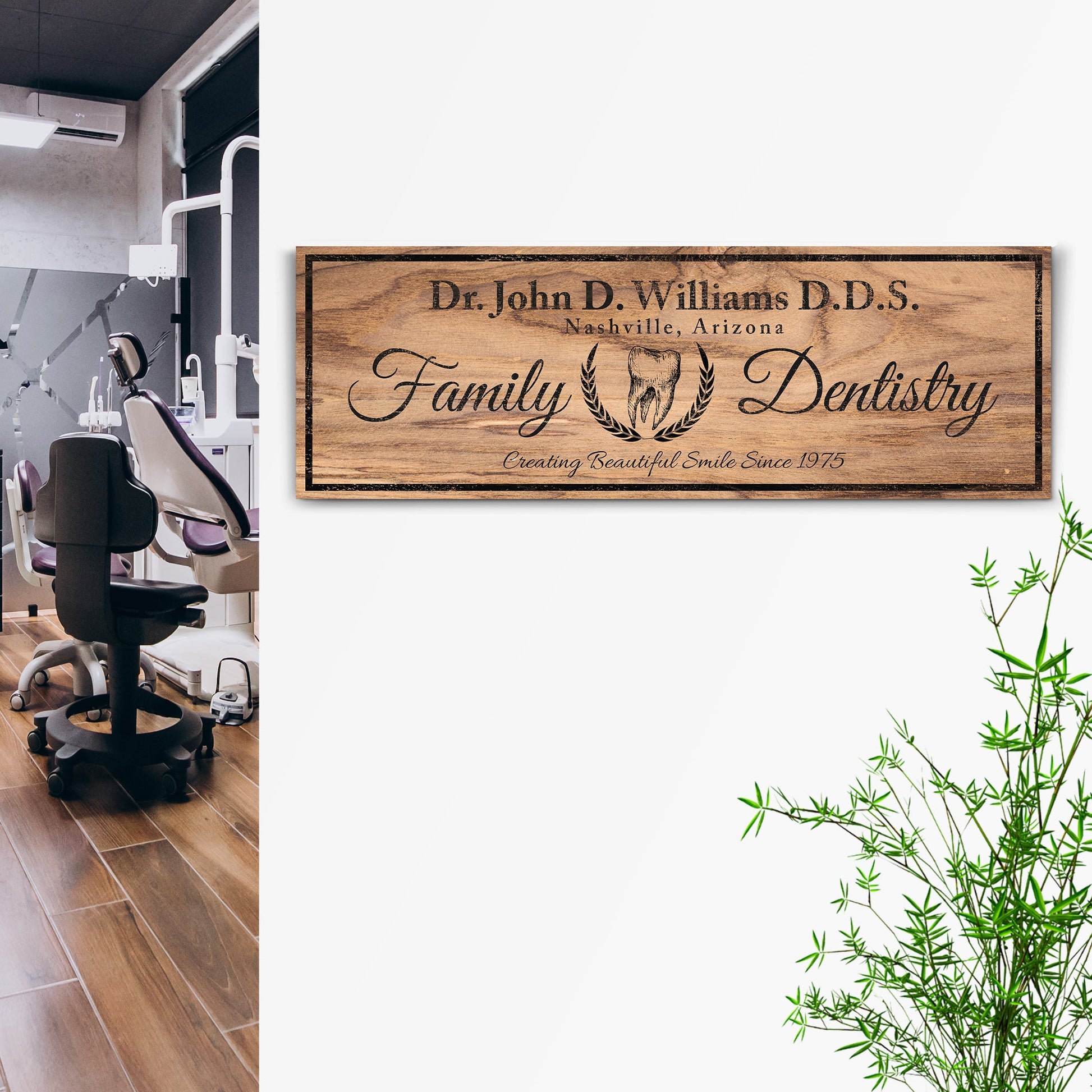 Dentist Sign VIII canvas by Tailored Canvases wood-grain dental plaque typography on Tampa Home & Garden Store