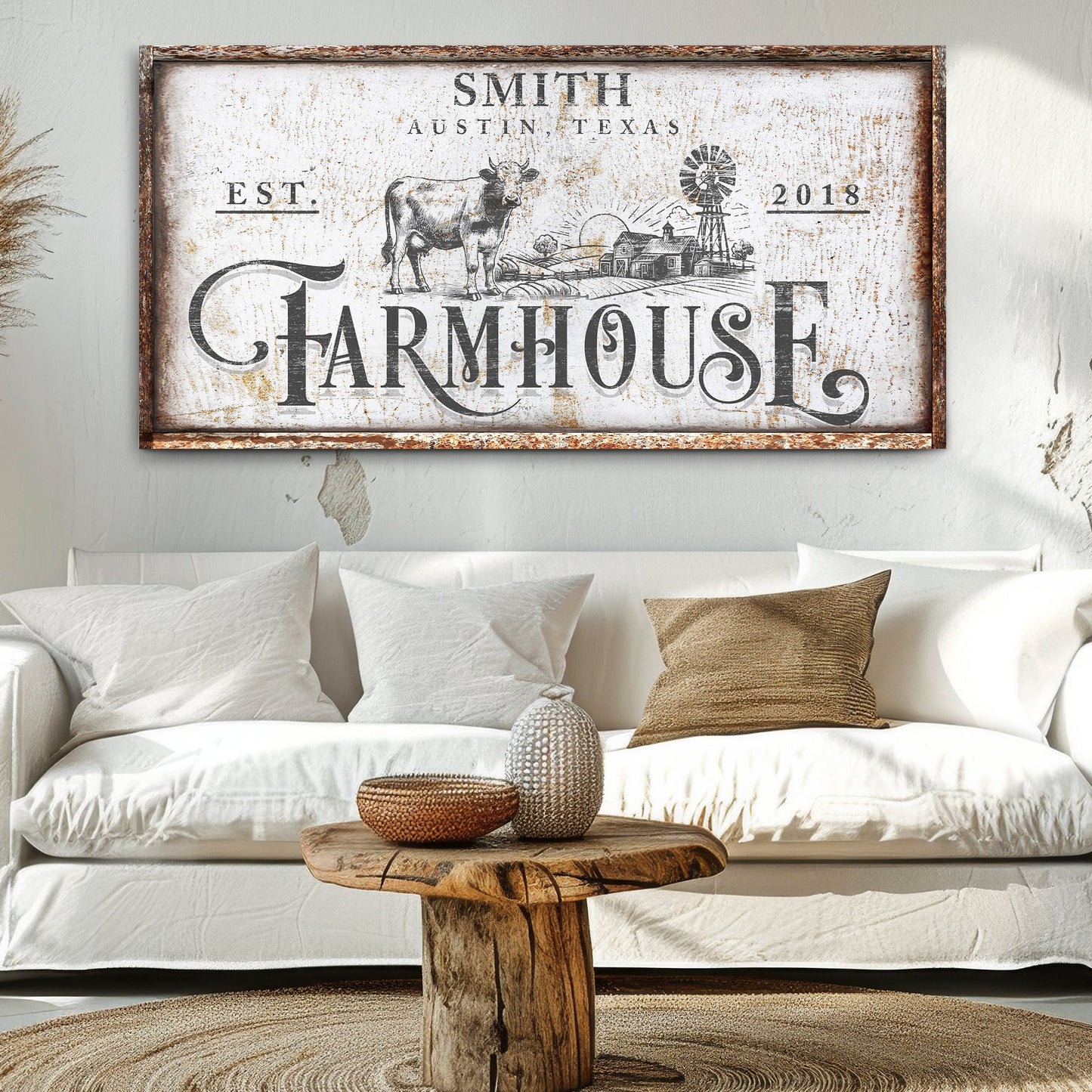 Rustic Vintage Farmhouse Sign II canvas wall art with distressed white background and farm scene on Tampa Home & Garden Store