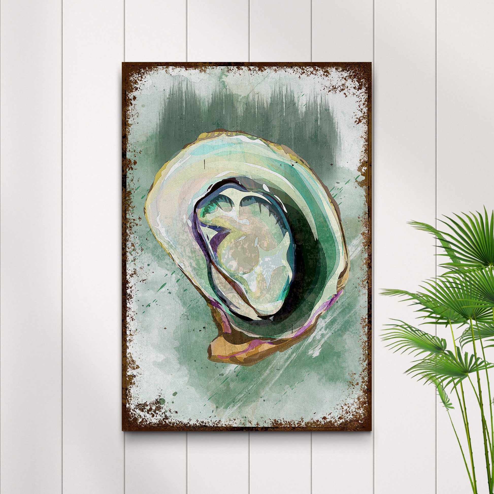 Oyster Shell Abstract Portrait Canvas Wall Art Tailored Canvases turquoise with brown frame on Tampa Home & Garden Store