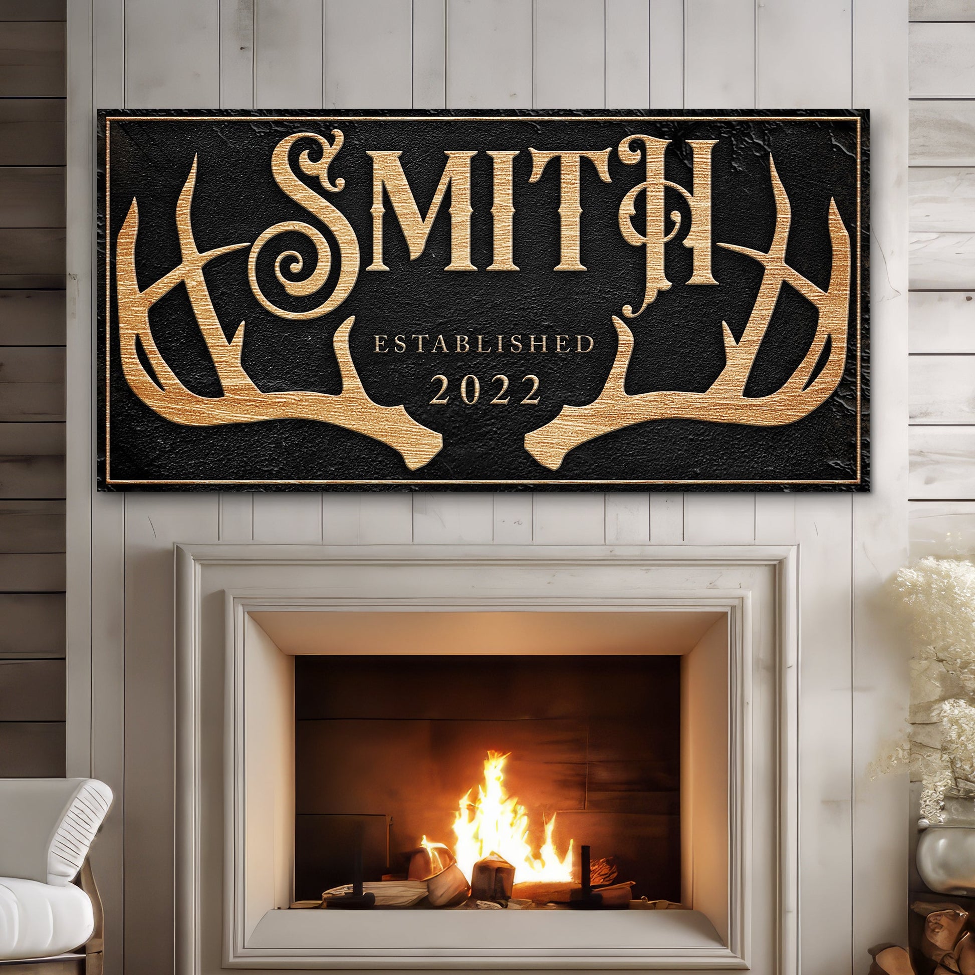Personalized Family Antler Sign canvas by Tailored Canvases with black background and gold on Tampa Home & Garden Store