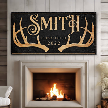 Personalized Family Antler Sign canvas by Tailored Canvases with black background and gold on Tampa Home & Garden Store