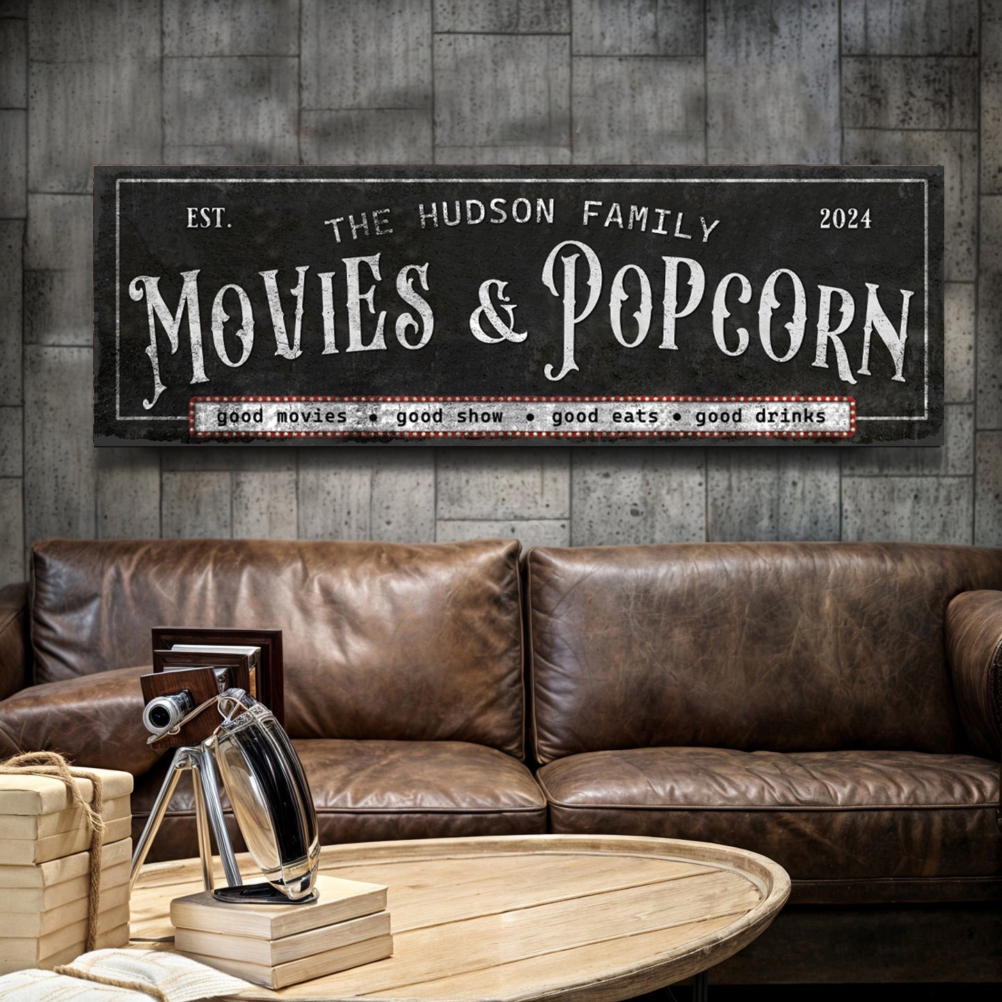 Personalized Movies & Popcorn Sign II canvas by Tailored Canvases; chalkboard-style wall art on Tampa Home & Garden Store
