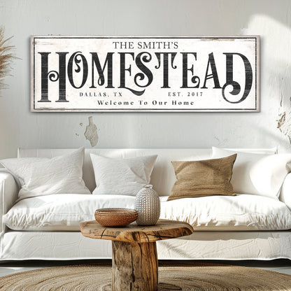 Vintage Homestead Sign III canvas by Tailored Canvases with distressed white finish and black typography on Tampa Home & Garden Store