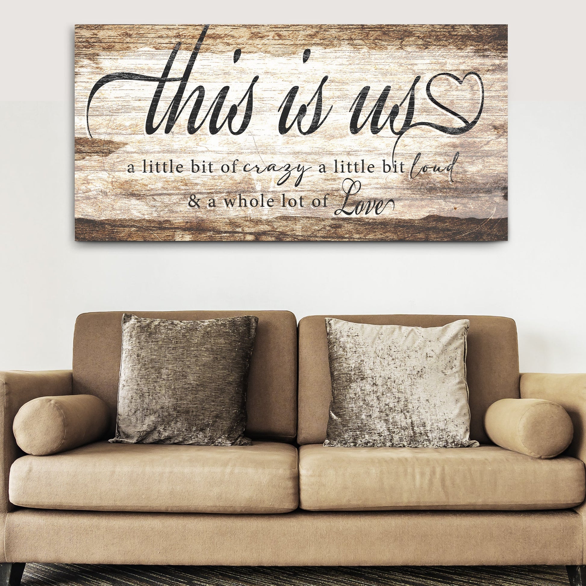 This Is Us Sign canvas with rustic wood texture and heart motif by Tailored Canvases on Tampa Home & Garden Store