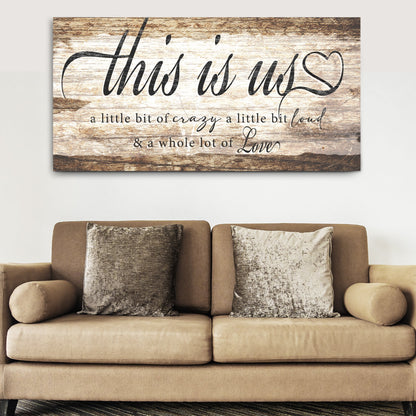 This Is Us Sign canvas with rustic wood texture and heart motif by Tailored Canvases on Tampa Home & Garden Store