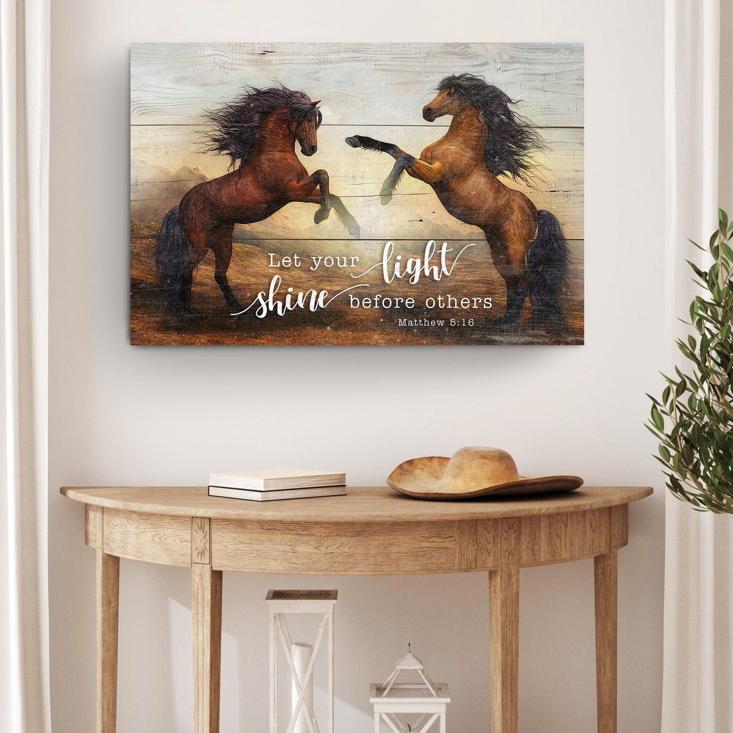 Canvas Tailored Canvases Let Your Light Shine Matthew 5:16 with two horses on rustic wood on Tampa Home & Garden Store