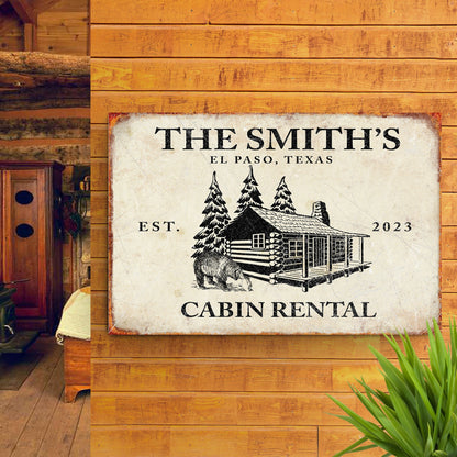 Bear Cabin Sign II canvas by Tailored Canvases, rustic cabin scene on weathered wood backdrop on Tampa Home & Garden Store