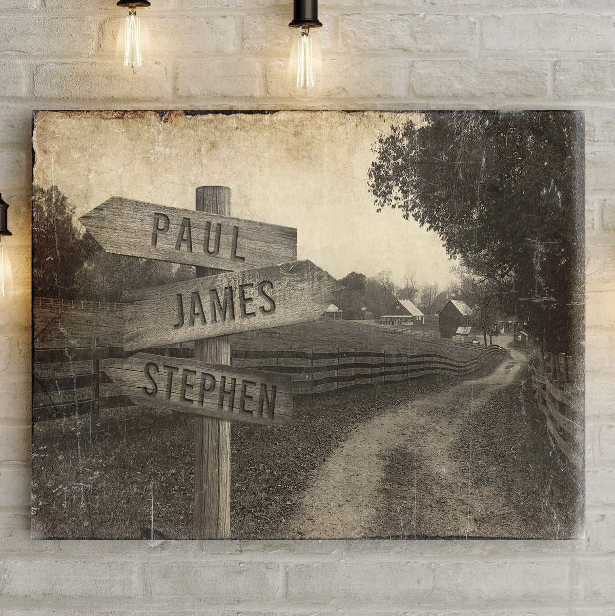 Farmhouse Name Sign canvas print with sepia-toned rustic farm scene featuring wooden signpost on Tampa Home & Garden Store