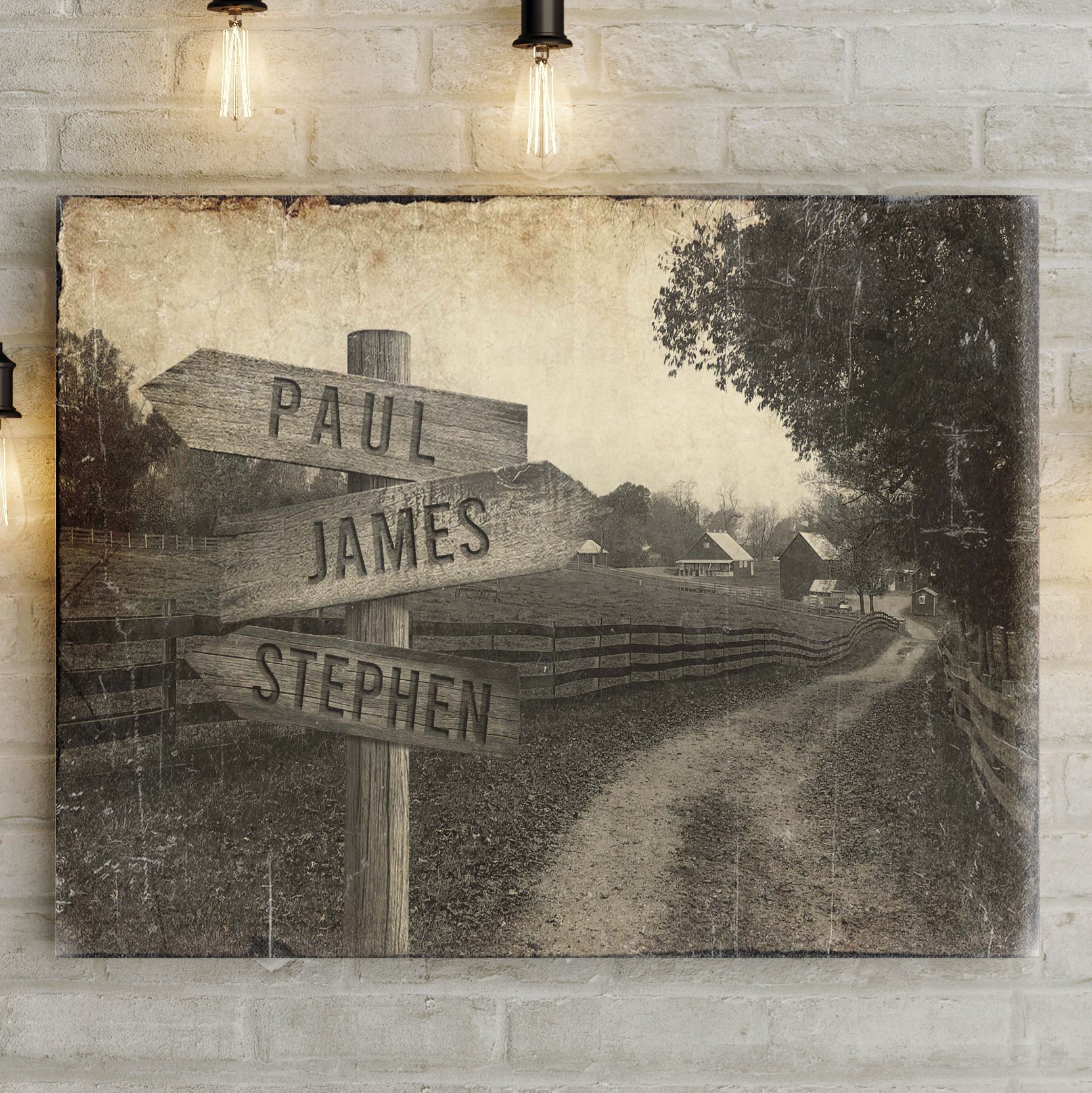 Farmhouse Name Sign canvas print with sepia-toned rustic farm scene featuring wooden signpost on Tampa Home & Garden Store
