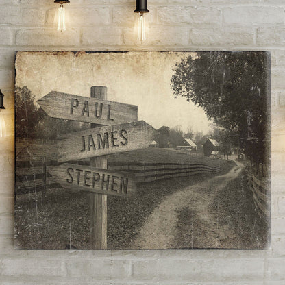 Farmhouse Name Sign canvas print with sepia-toned rustic farm scene featuring wooden signpost on Tampa Home & Garden Store