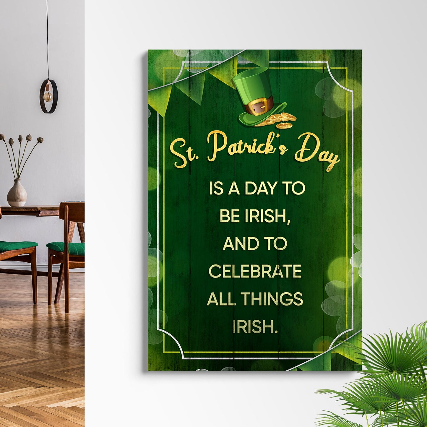 St Patrick's Day canvas sign by Tailored Canvases green with leprechaun hat and gold coins on Tampa Home & Garden Store
