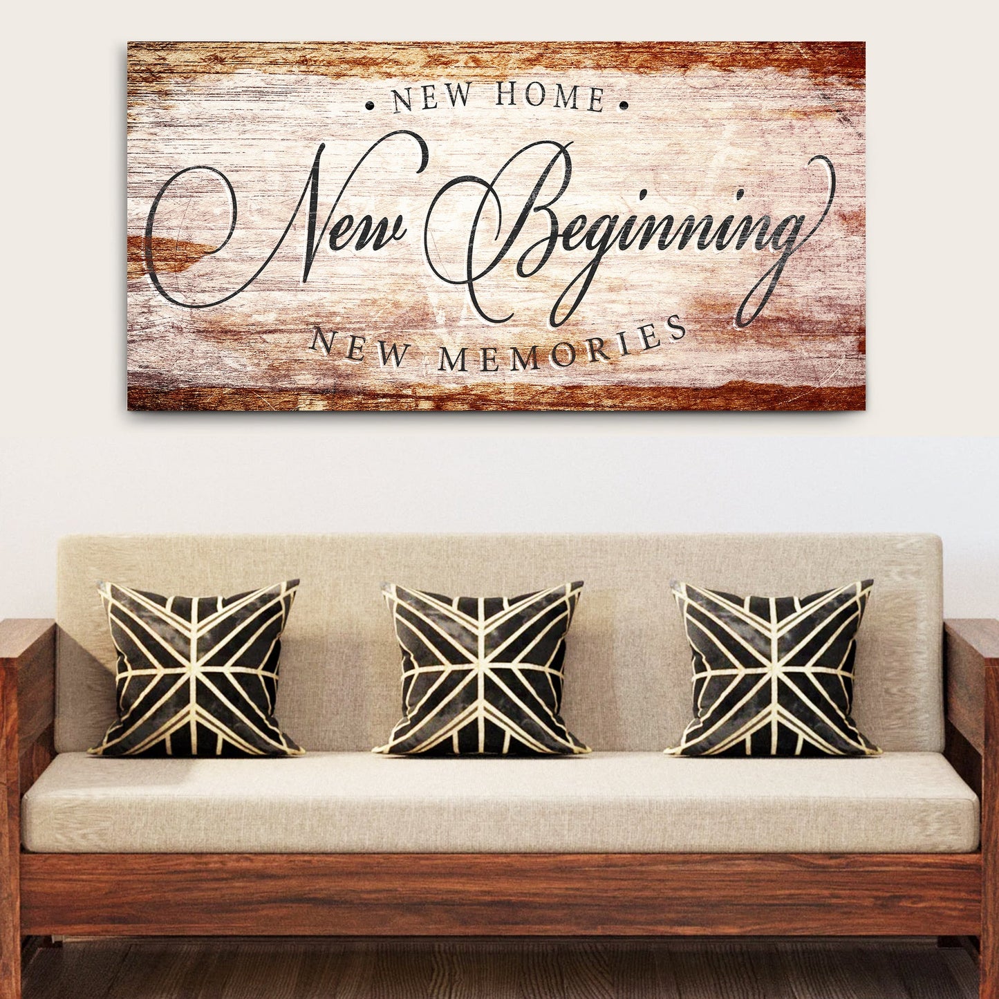 Canvas wall sign on distressed wood with elegant black script reading New Home New Beginning New Memories on Tampa Home & Garden Store