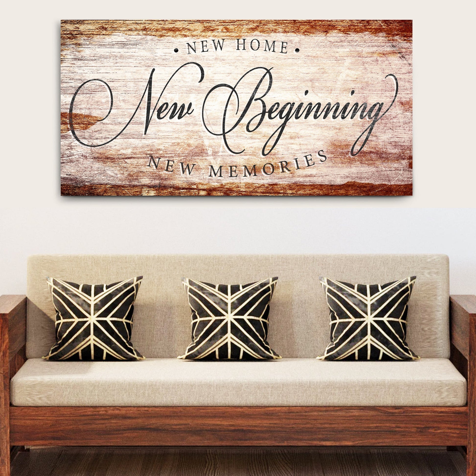 Canvas wall sign on distressed wood with elegant black script reading New Home New Beginning New Memories on Tampa Home & Garden Store