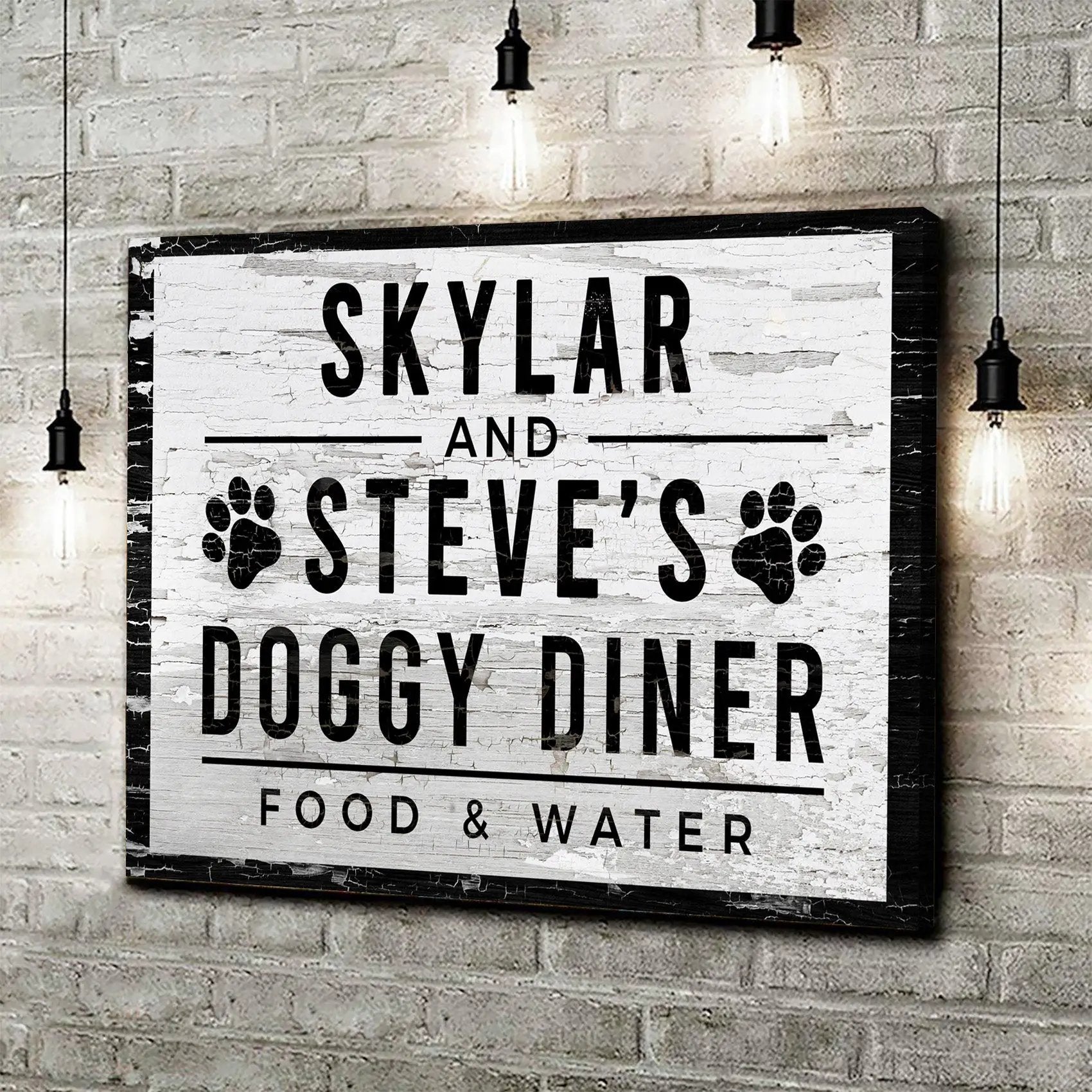 Doggy Diner Sign canvas by Tailored Canvases, distressed white wood with paw prints on Tampa Home & Garden Store