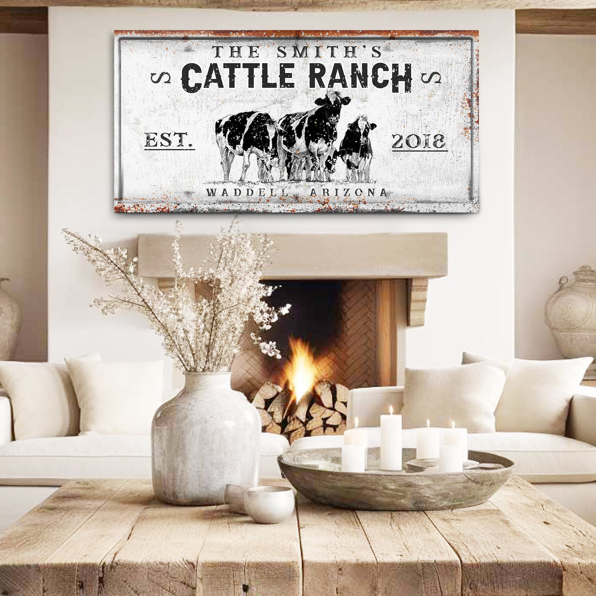 Branded Cattle Ranch Sign V canvas by Tailored Canvases with rustic distressed look and cow herd on Tampa Home & Garden Store