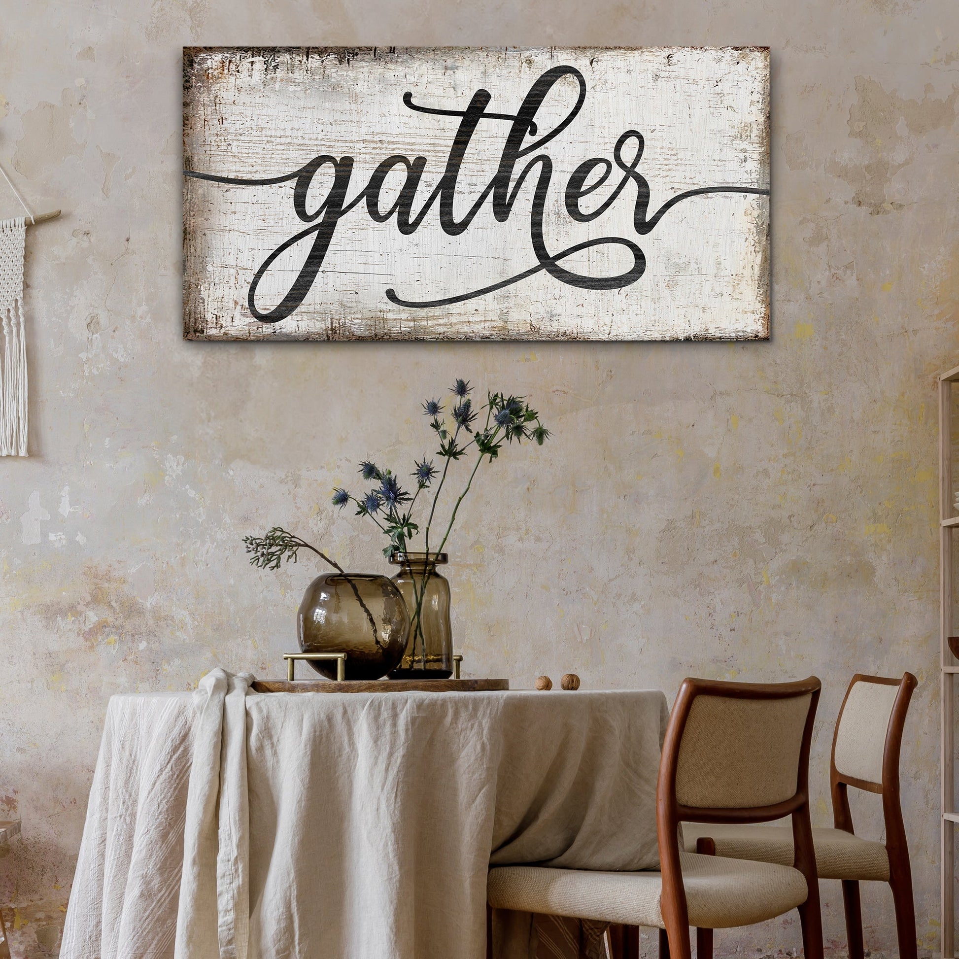 Gather Sign XI canvas wall art with black script on distressed white wood background on Tampa Home & Garden Store