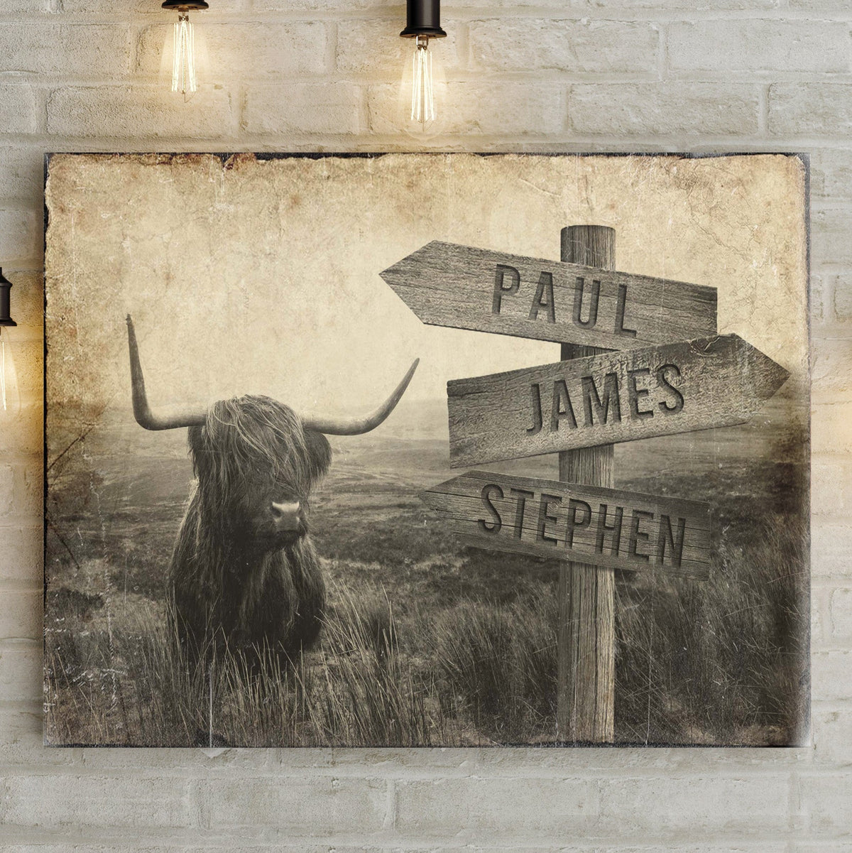 Highland Cow Rustic Sign canvas crafting print with weathered wooden signposts sepia toned on Tampa Home & Garden Store
