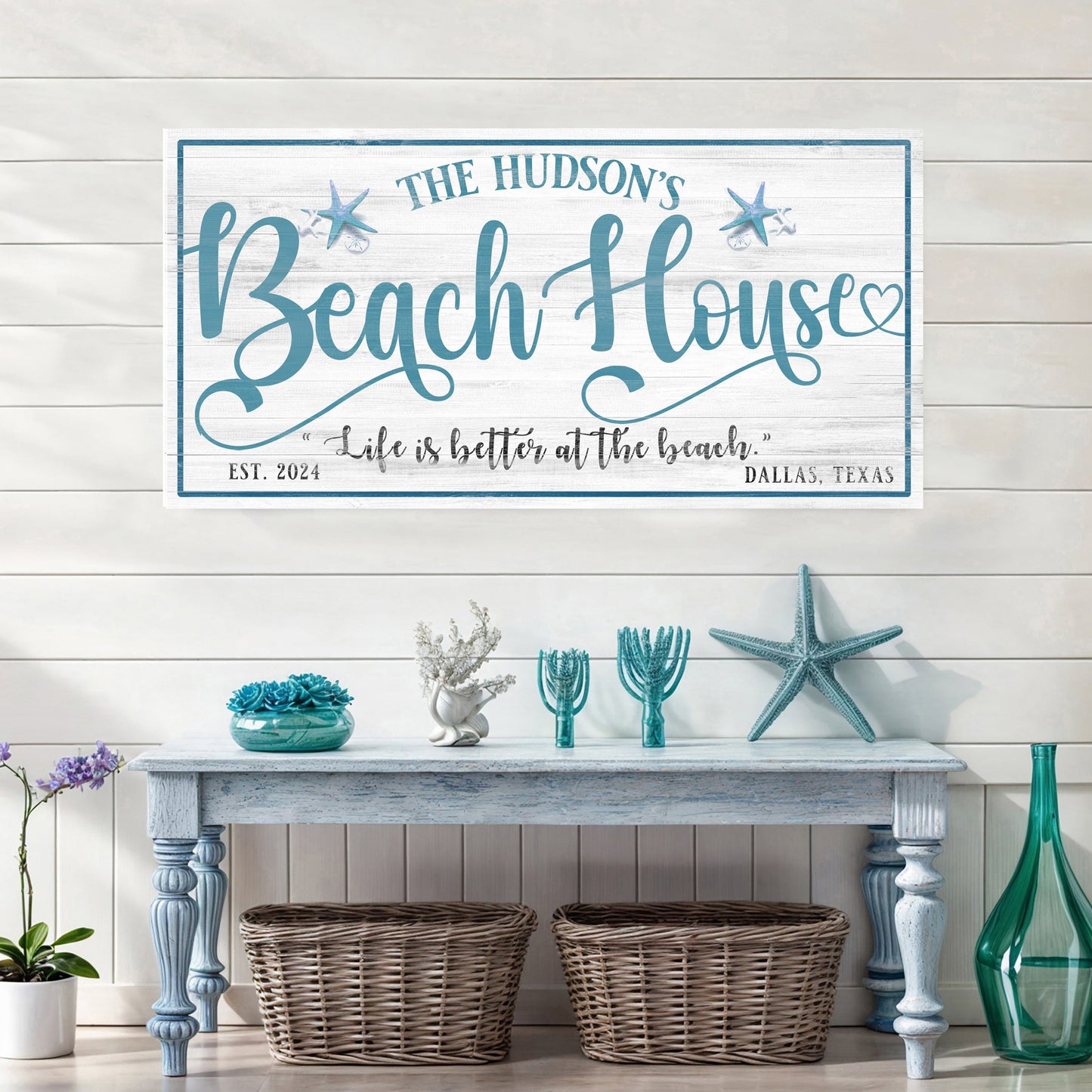 Personalized Beach House Sign II canvas with teal script on wood Tailored Canvases on Tampa Home & Garden Store