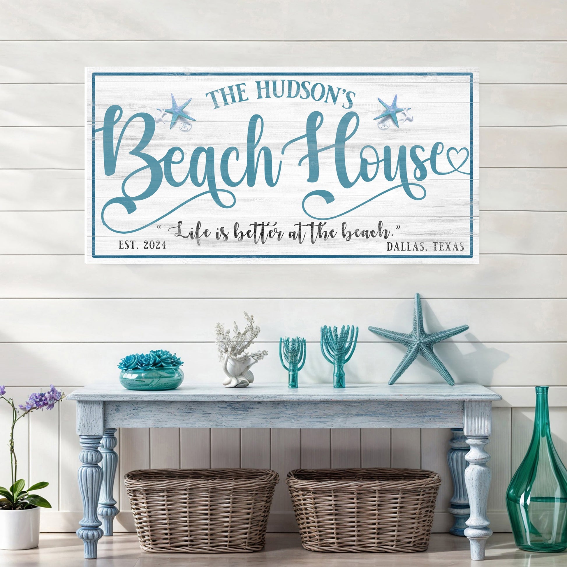 Personalized Beach House Sign II canvas with teal script on wood Tailored Canvases on Tampa Home & Garden Store