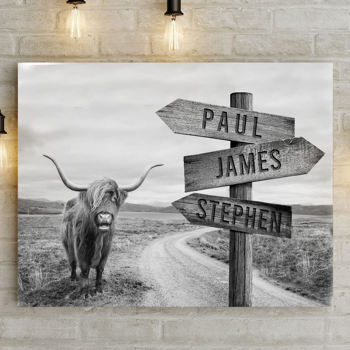Highland Cow Rustic Sign crafting canvas, black-and-white rural scene on Tampa Home & Garden Store