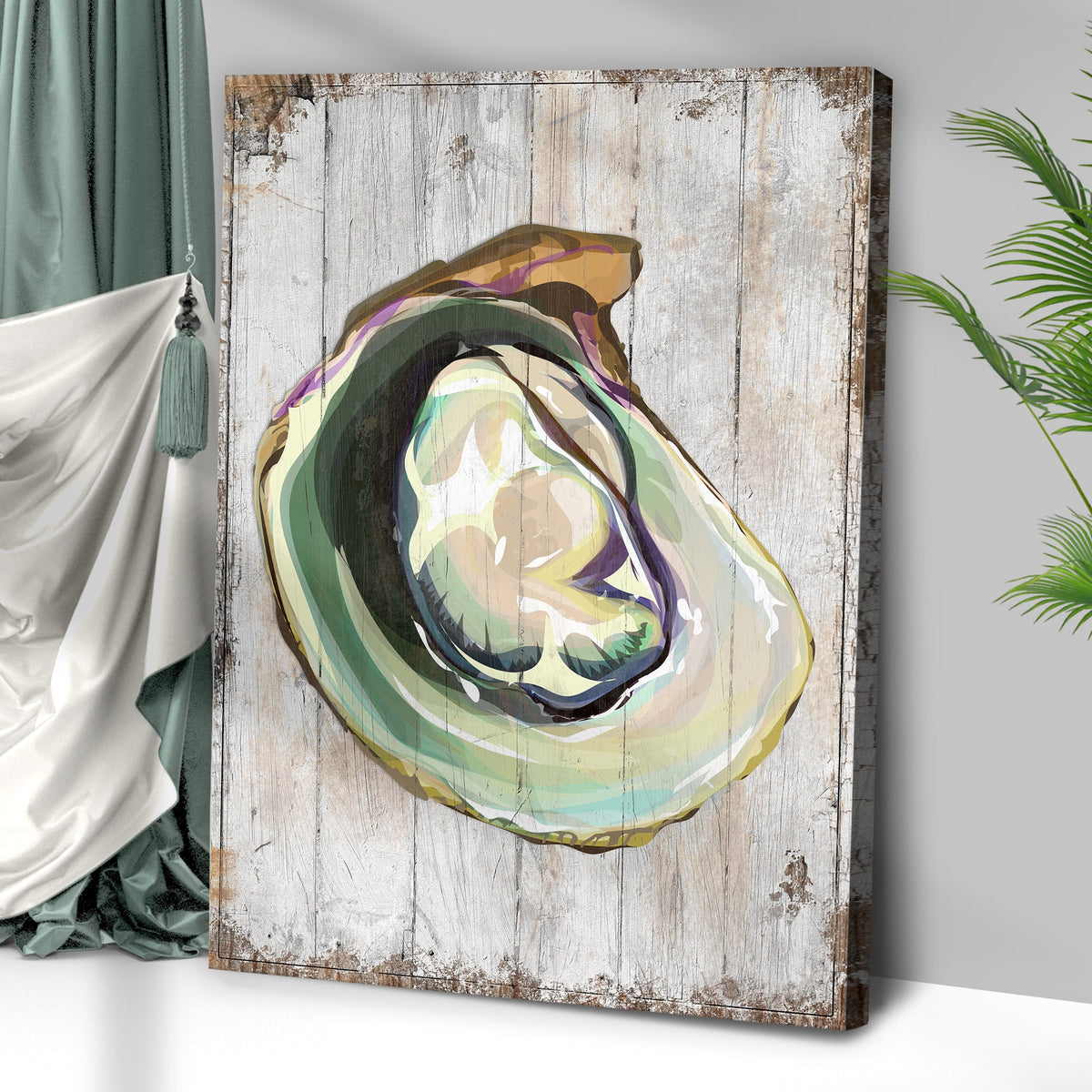 Oyster Shell Coastal Portrait Canvas Wall Art on weathered wood backdrop on Tampa Home & Garden Store